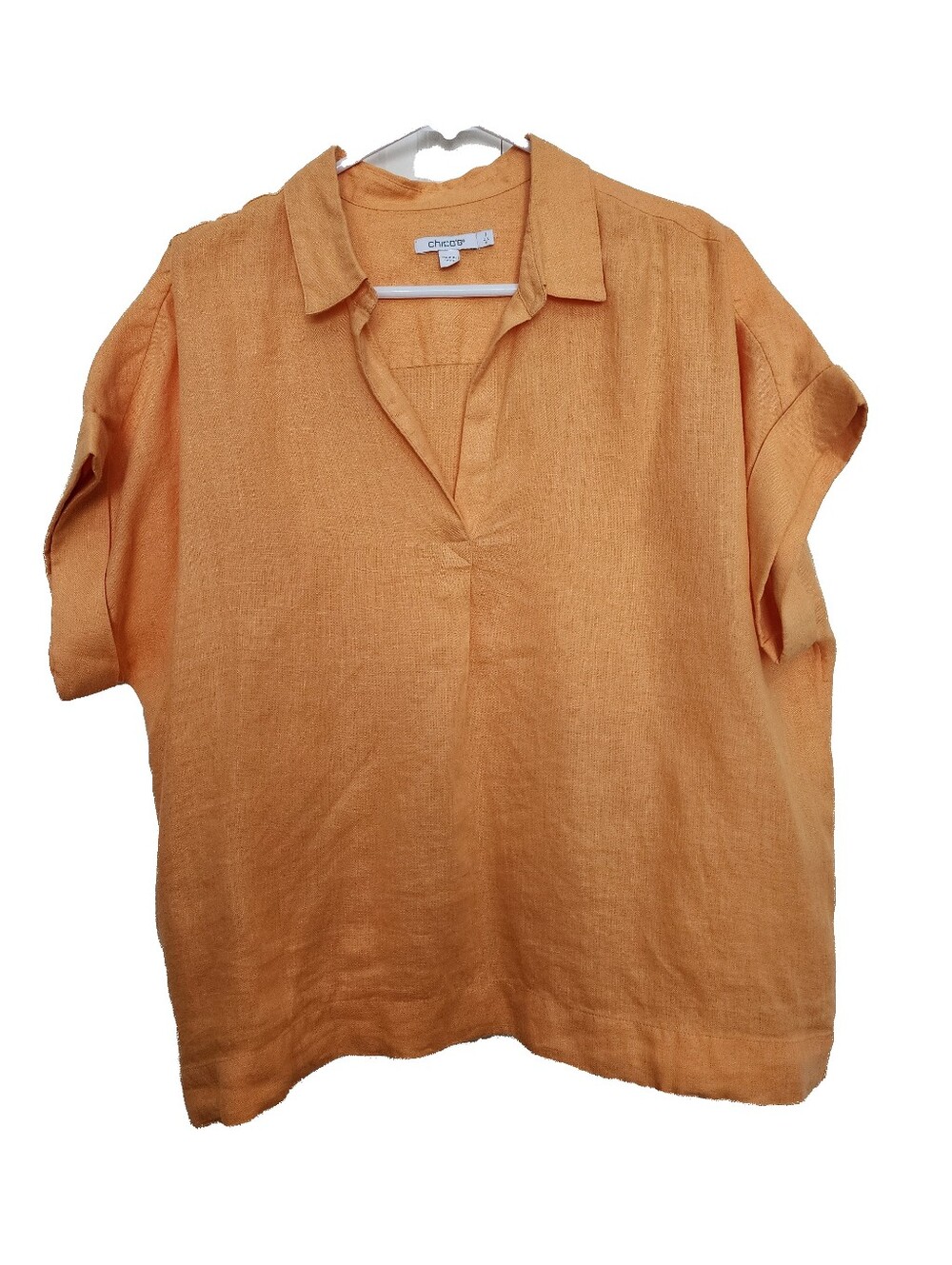 Chico's Peach-Orange Linen V-Neck Collared Short Sleeve Top Relaxed Fit SZ 8-10